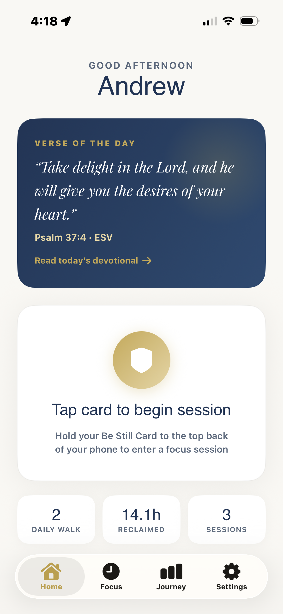 Be Still Card app home screen